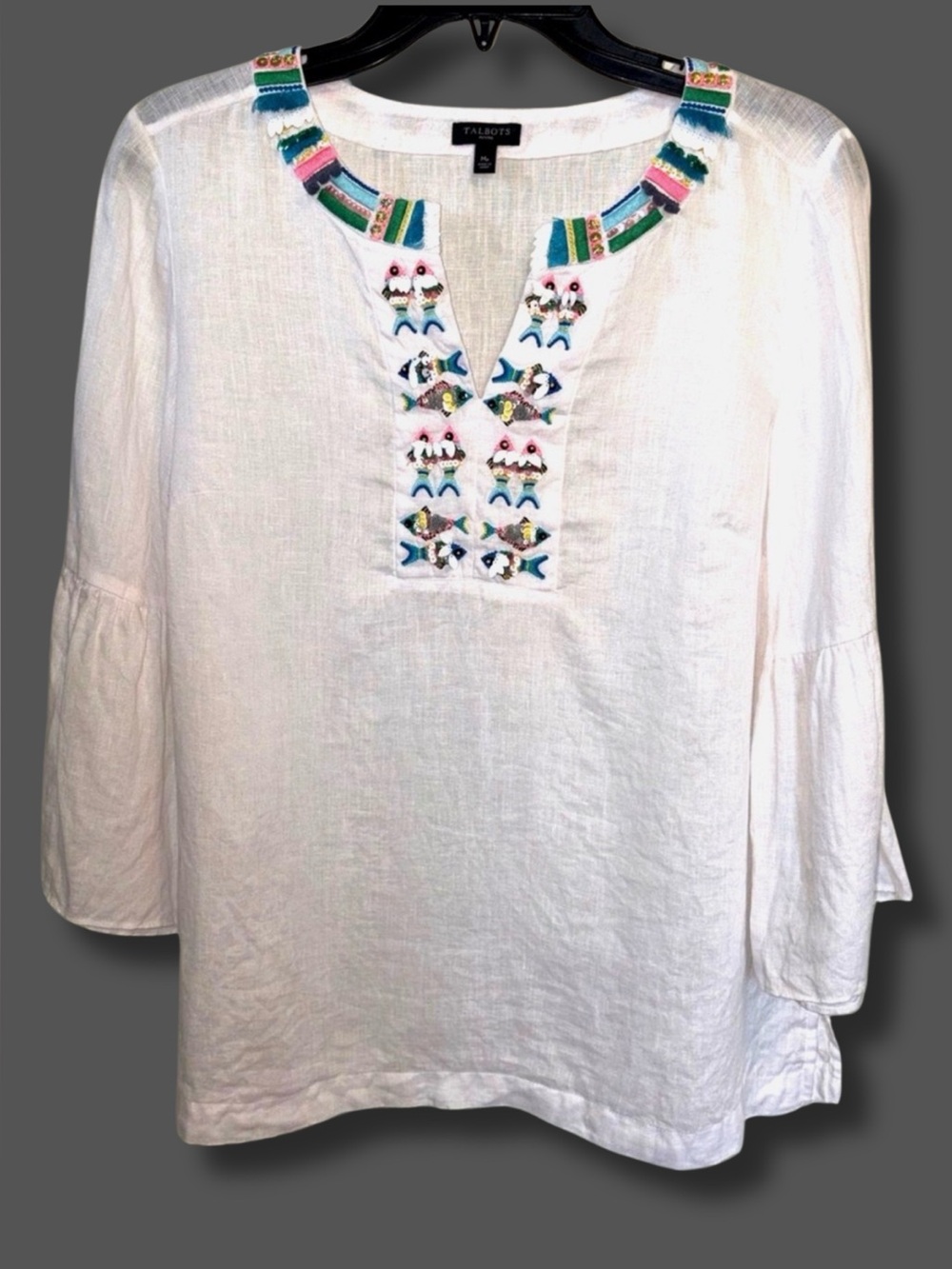 Talbots Petite M White Linen Tunic Top Embellished Fish Beaded 3/4 Sleeve